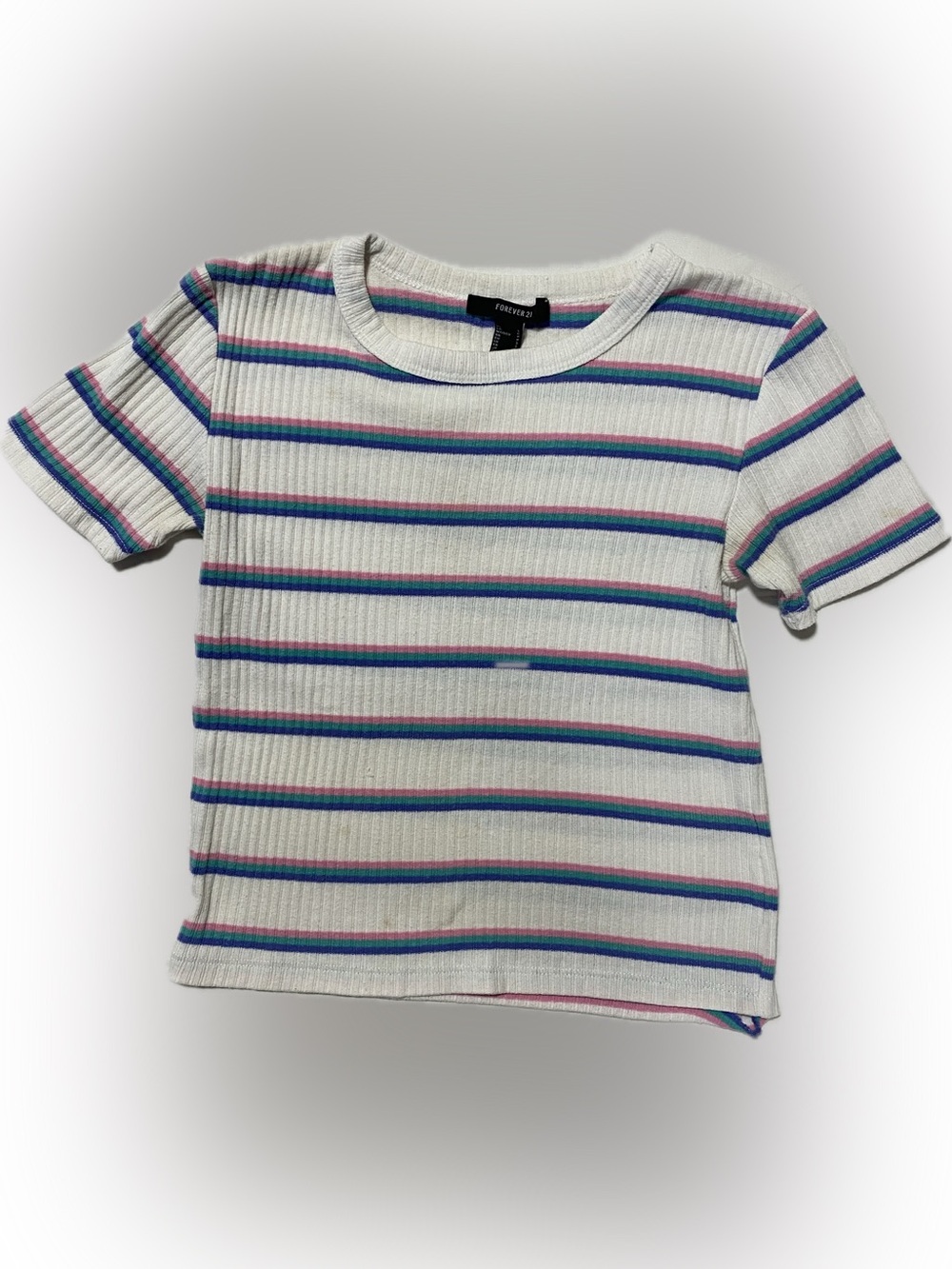 Forever 21 White Ribbed Crop Top with Pink, Blue & Green Stripes